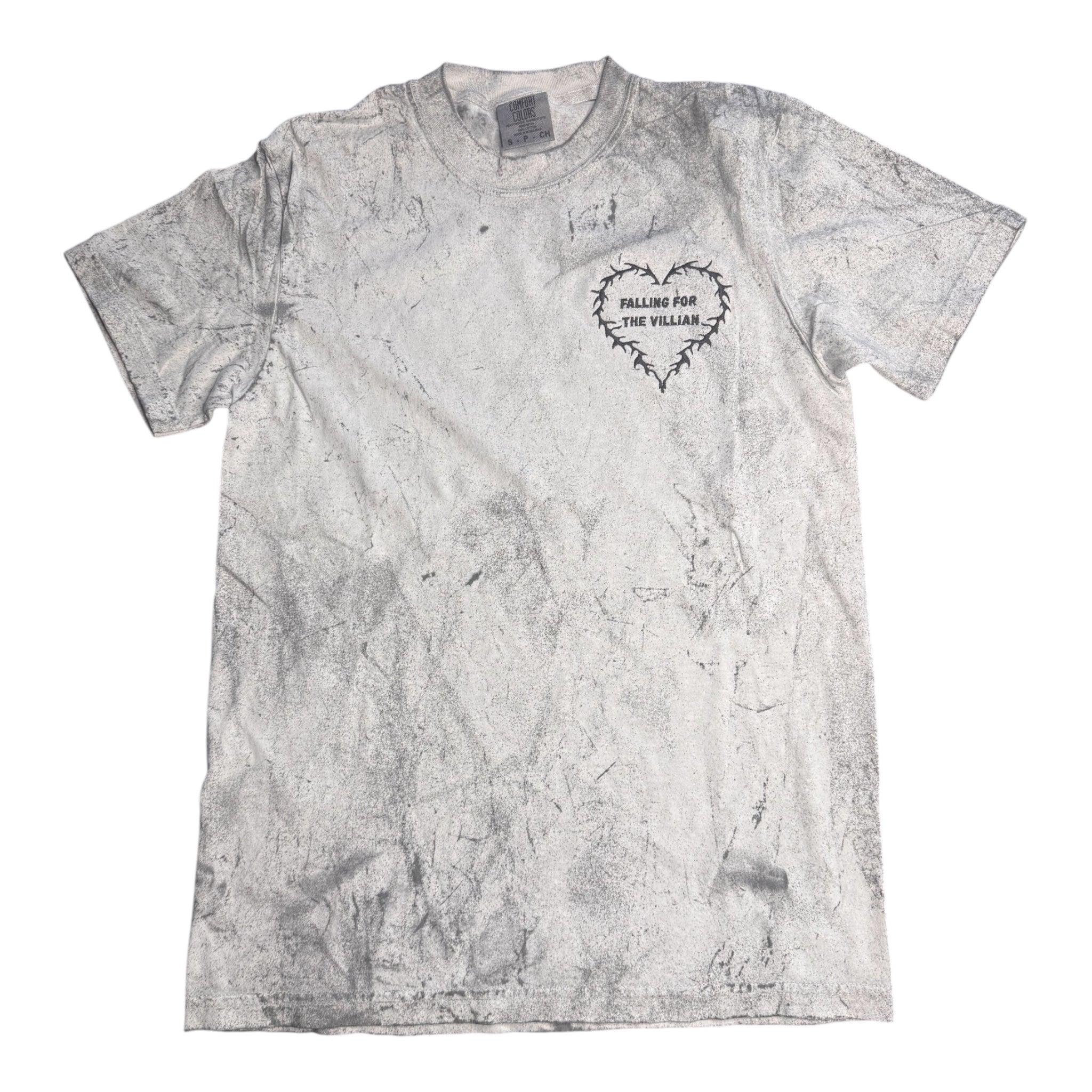 Gray tie-dye t-shirt with a graphic design on a white background