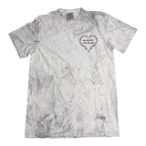 Gray tie-dye t-shirt with a graphic design on a white background