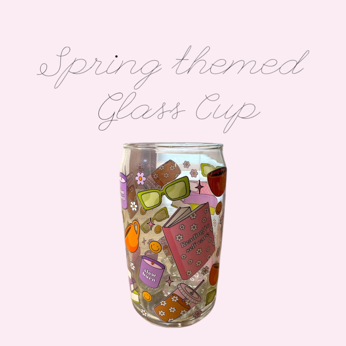 Spring Bookish Themed Glass Cup